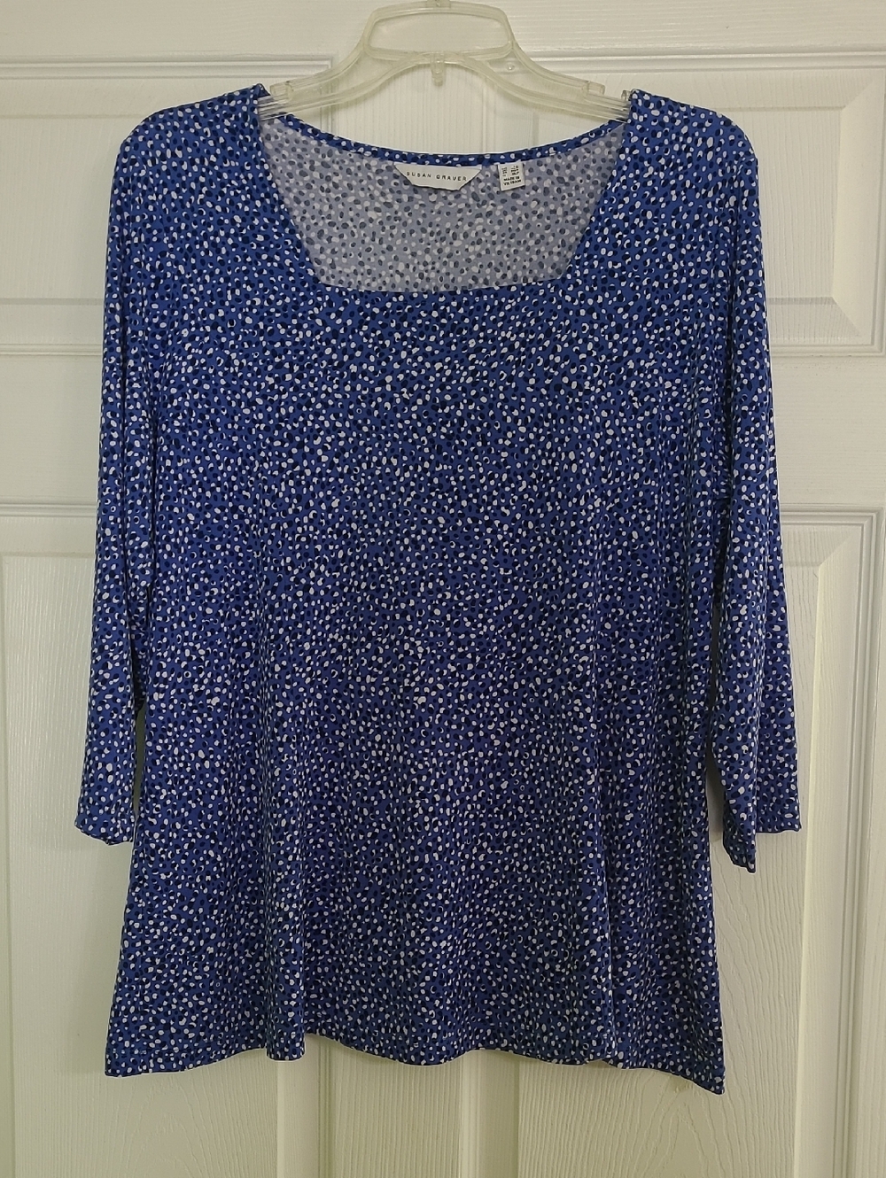 Susan Graver Blue Dot Print Liquid Knit Top Size - LP